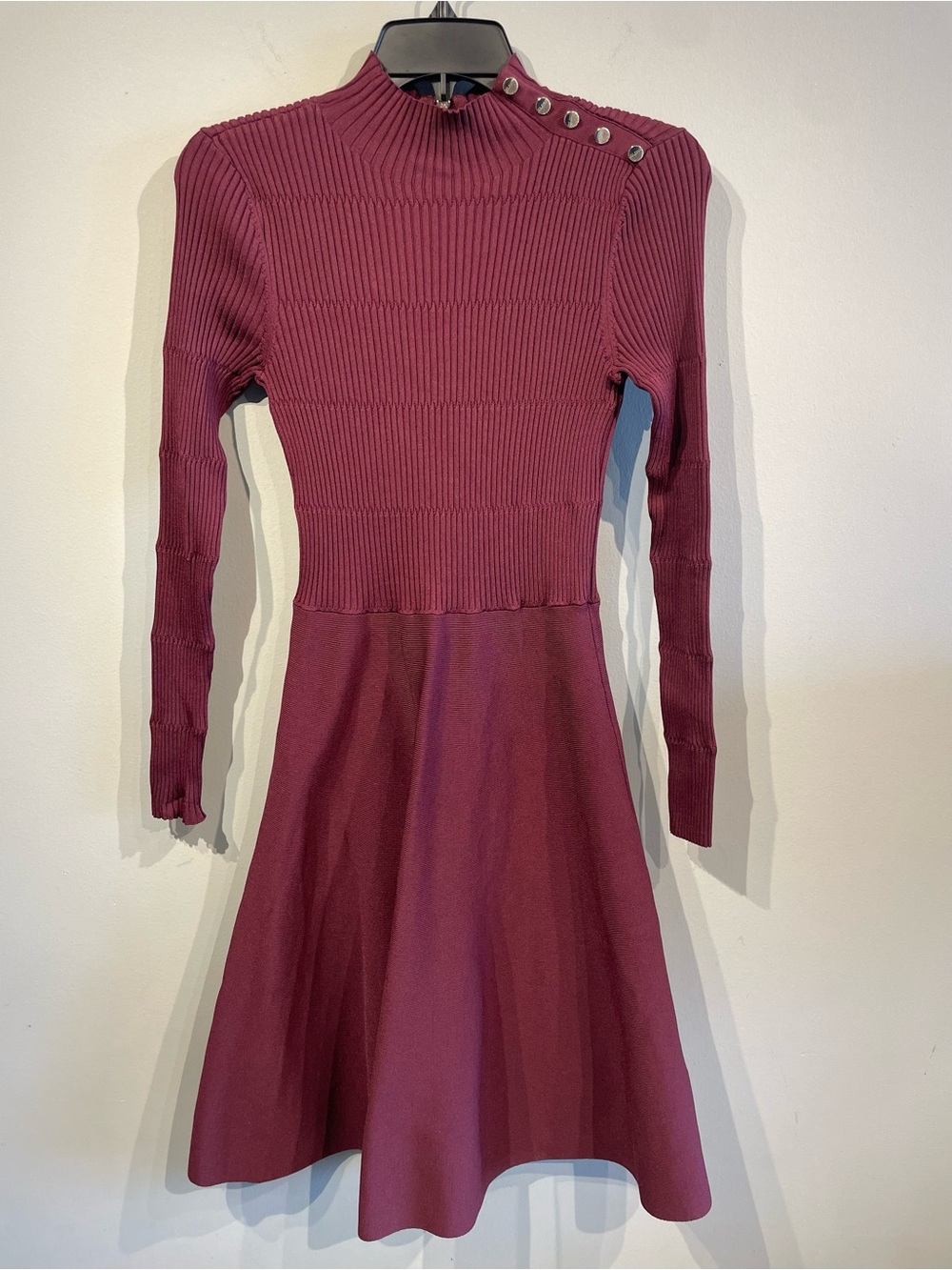 Ted Baker London Long-Sleeve Ribbed Fit-and-Flare Dress in Wine
